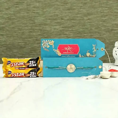 Cute Mickey Metal Rakhi & Five Star Chocolates