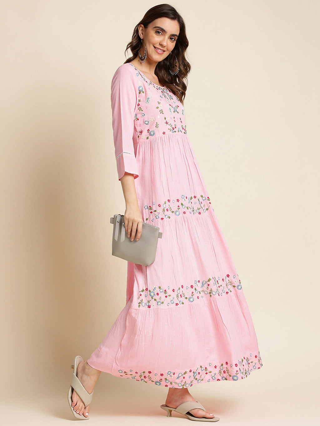 Pink Chinon Floral Embroidered Dress - Nandani