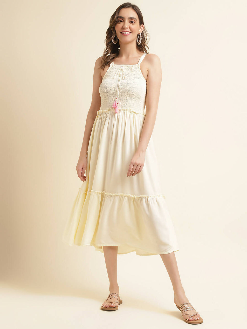 White Cotton Solid Flared Dress with Printed Shrug - Yukti