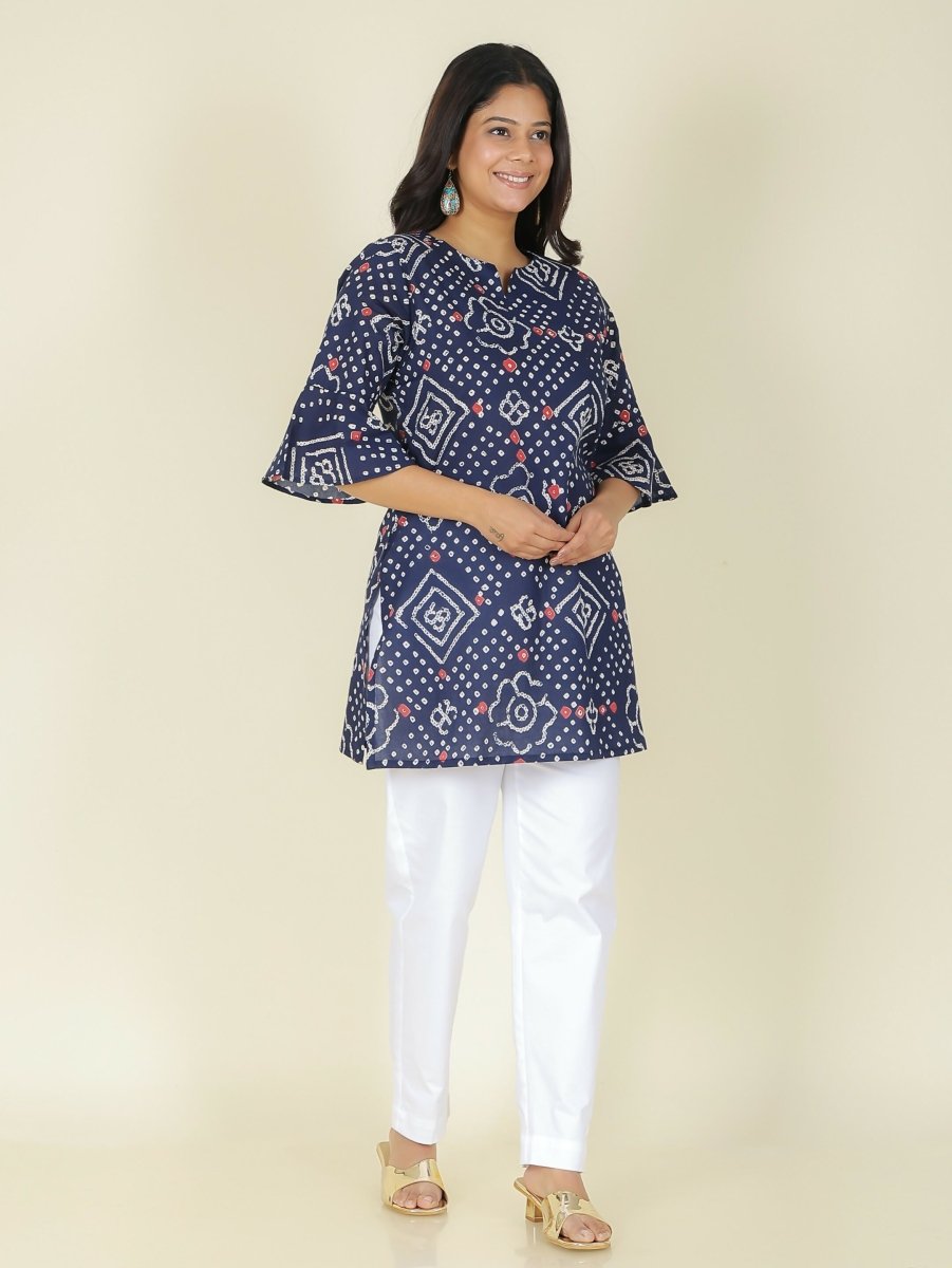Aramya Blue Soft Cotton Bandhani Print Straight Kurta Set for Women