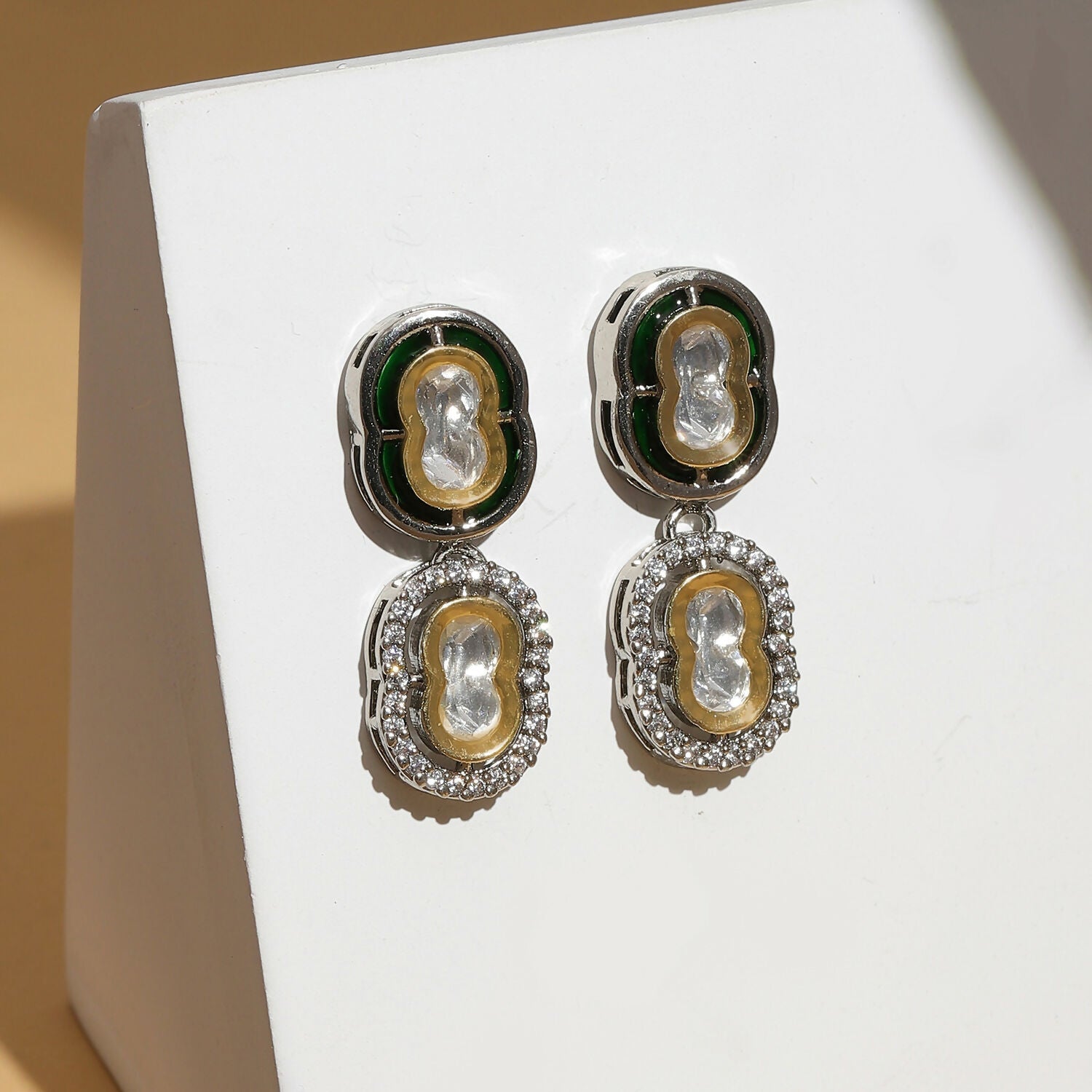Double Mufli (peanut) Meenakari and Diamond Earrings (Silver) - Ruby Raang