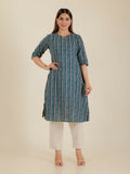 Aramya Blue Soft Cotton Chevron Print A-line Kurta Set for Women