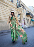 Green Satin Organza Floral Woven Design Saree With Unstitched Blouse Piece - Klay's