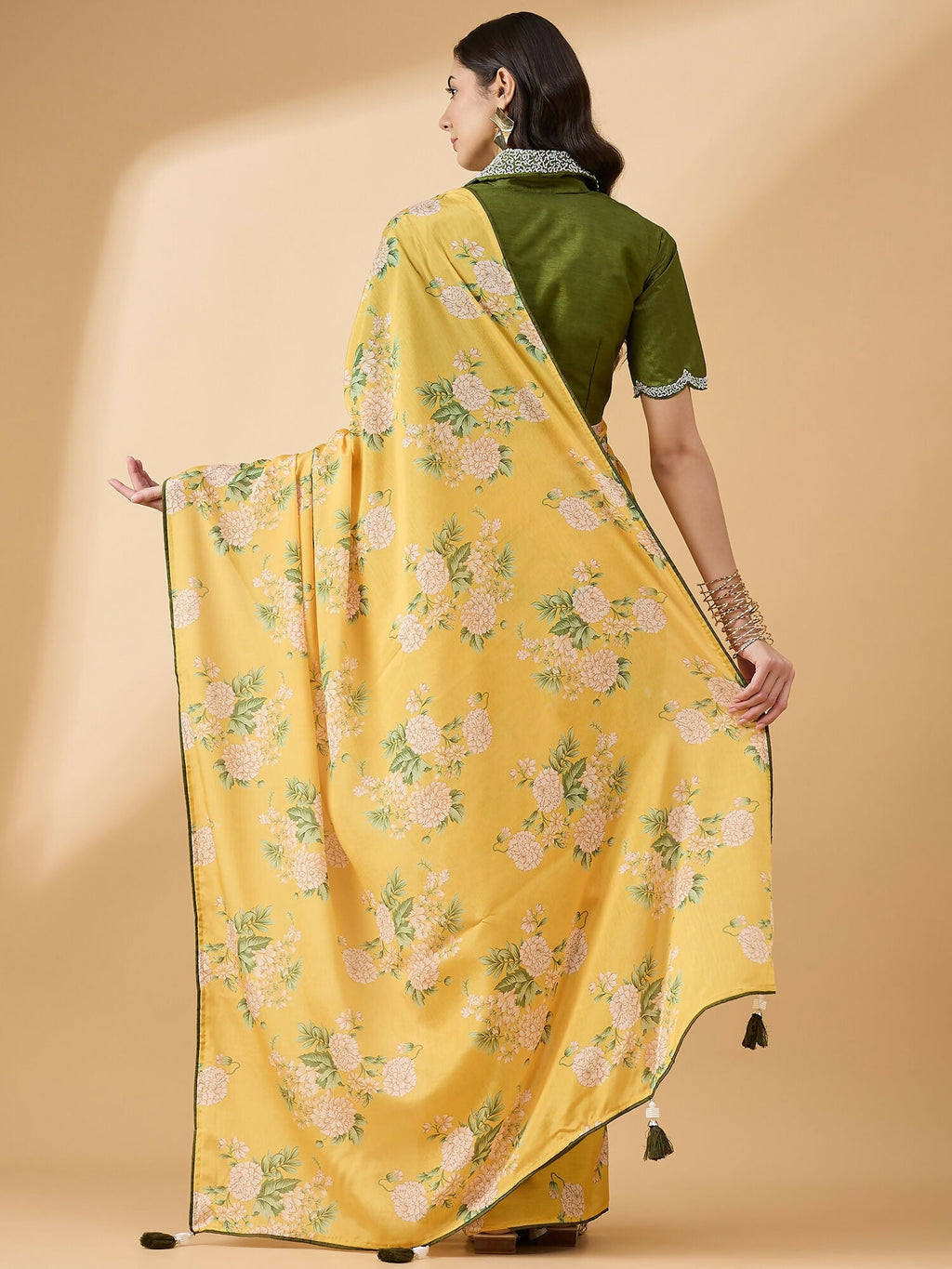 Mustard Chiffon Floral Printed Saree with Stitched Blouse - Dharavi