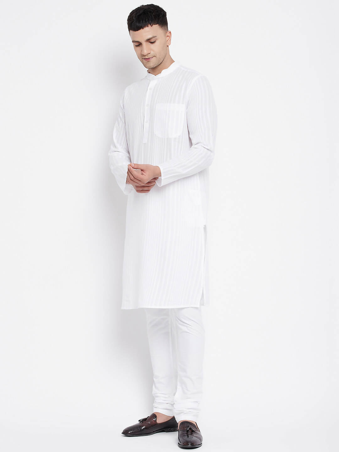 Even Apparels White Pure Cotton Men Kurta With Band Collar