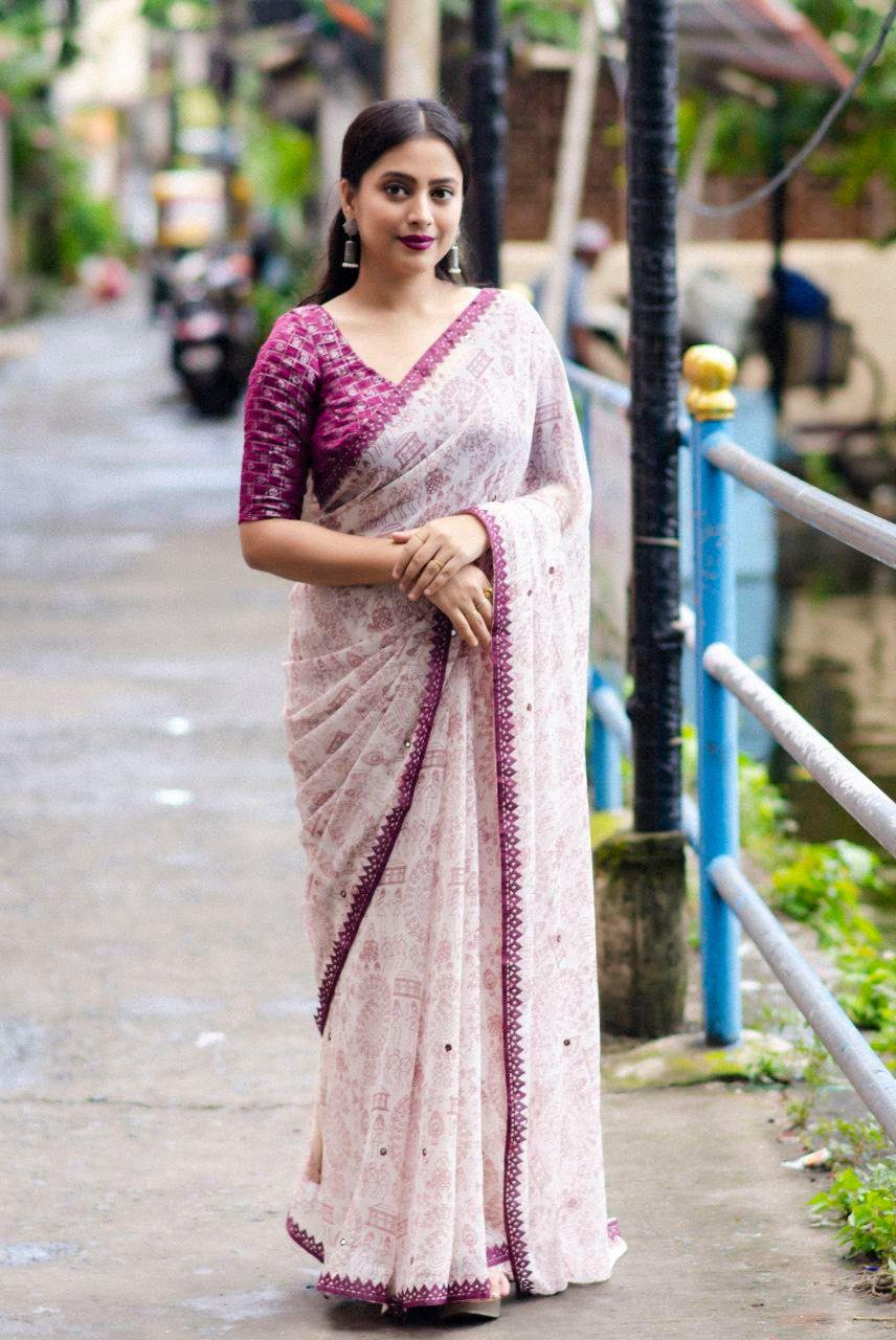 Purple Pure Georgette Warli Saree with Unstitched Blouse - A2M