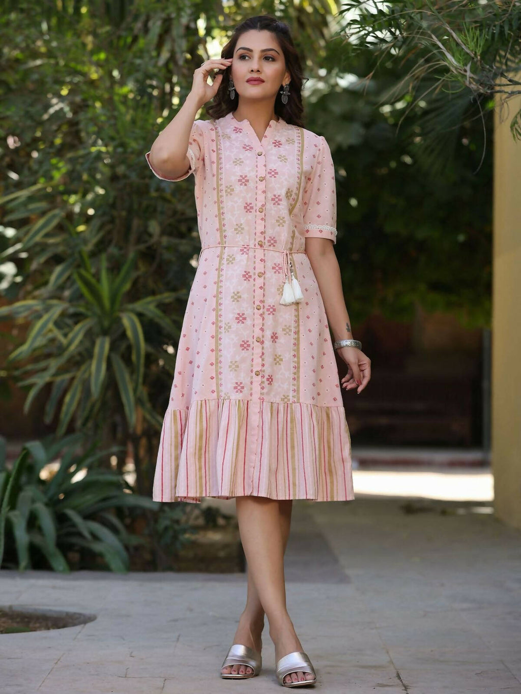 Juniper Women's Pink Cotton Printed Embroidered Flared Dress