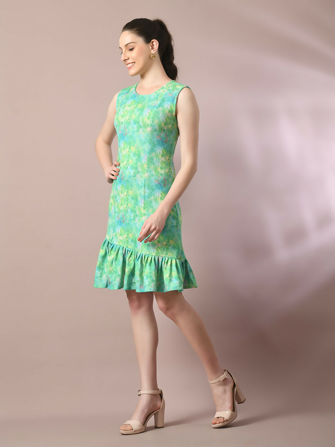 Myshka Women's Multi Printed Round Neck Fit and Flare Party Dress