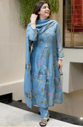 The52 Blue Women's Beautiful Cotton Fabric Thread Work Straight Kurta, Pant and Dupatta Set