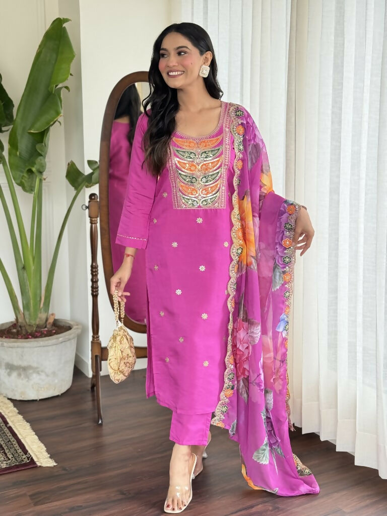 Light purple Viscose Chanderi Stitched Suit With Dupatta - Tanisha