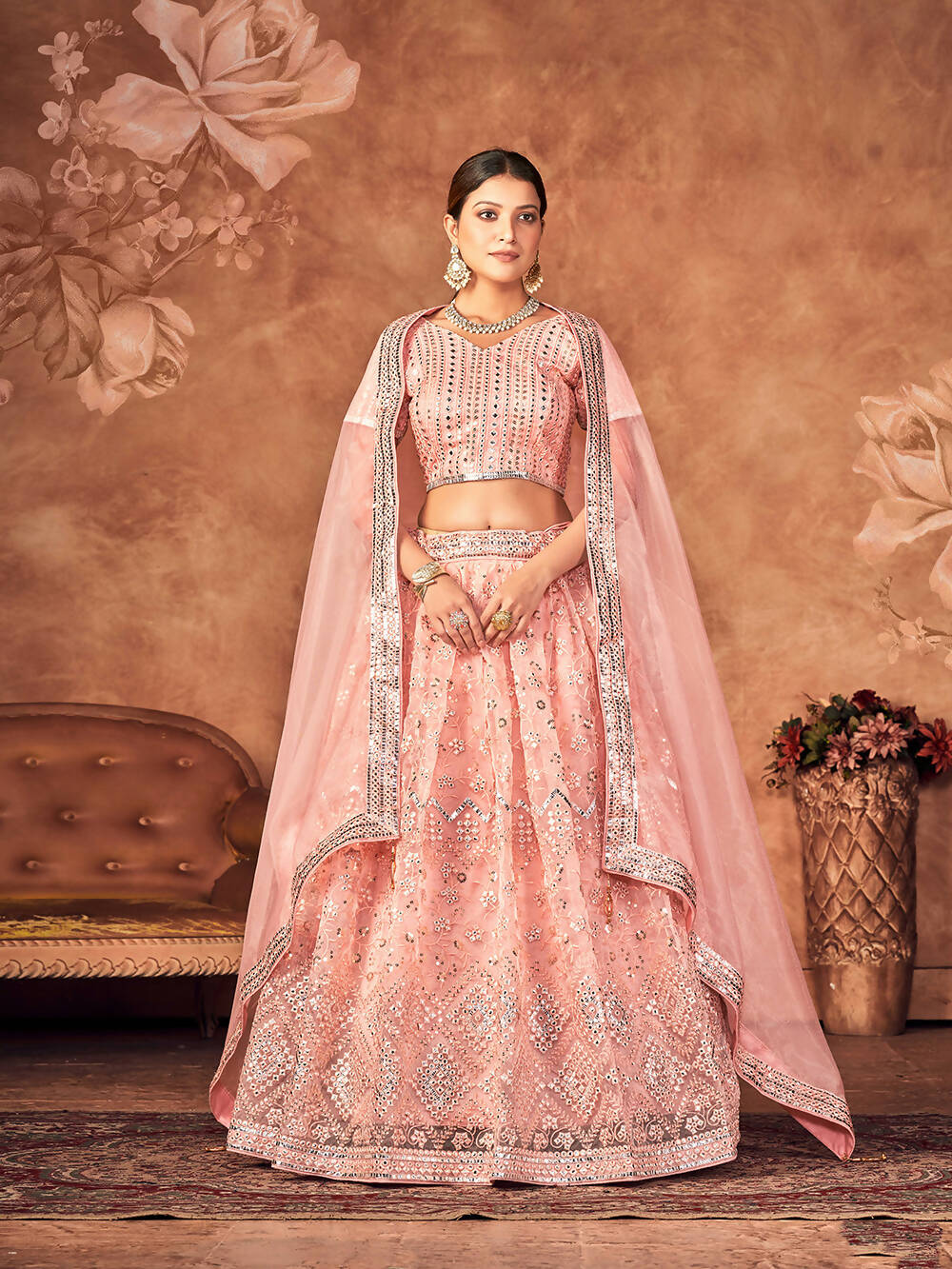 Wedding Designer Pink Organza lehengha Choli - Anbazaar