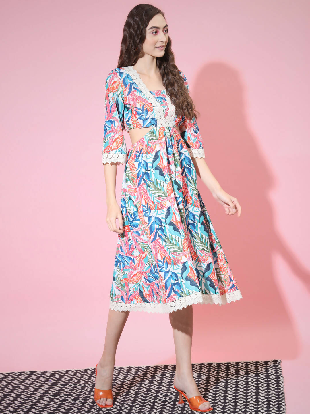 Myshka Women's Multi Floral Printed Fit and Flare Dress