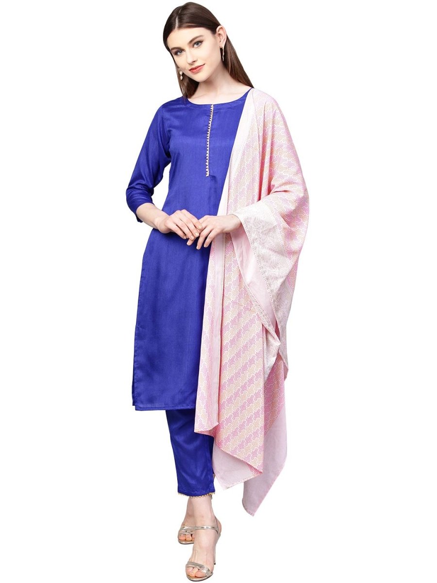 Ahalyaa Women's Royal Blue Poly Silk Solid Salwar Suit with Dupatta