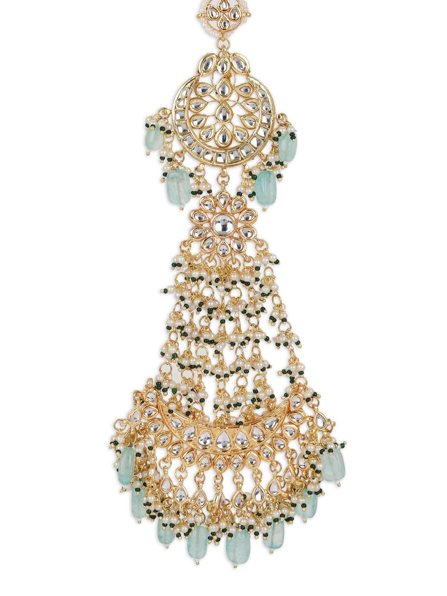 Gold-Polished White Blue Kundan-Studded Pearl Beaded Matha Patti - Ruby Raang