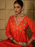 Indo Era Bandhani Embroidered Empire Sequined A-Line Pure Cotton Kurta With Trousers