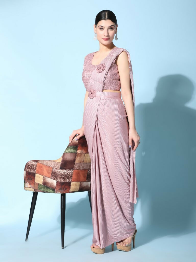 Pink Imported Crush Lycra Texture Pattern Ready to Wear Saree with stitched Blouse - Nirvana