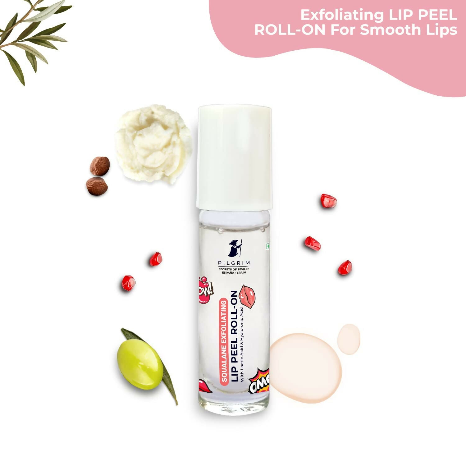 Pilgrim Spanish Lip Peel Roll-on with Lactic Acid & Hyaluronic Acid For Soft & Glossy Lips, Hydrating Dry & Flaky Lips
