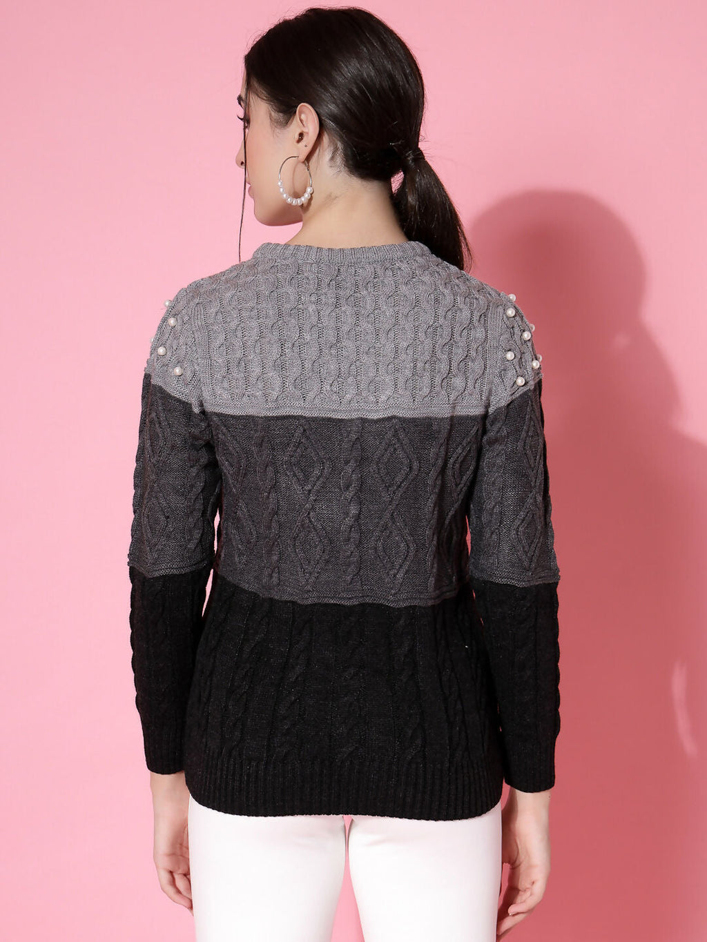 Women Color Block Winter Charcoal Acrylic Sweater - Wool Trees