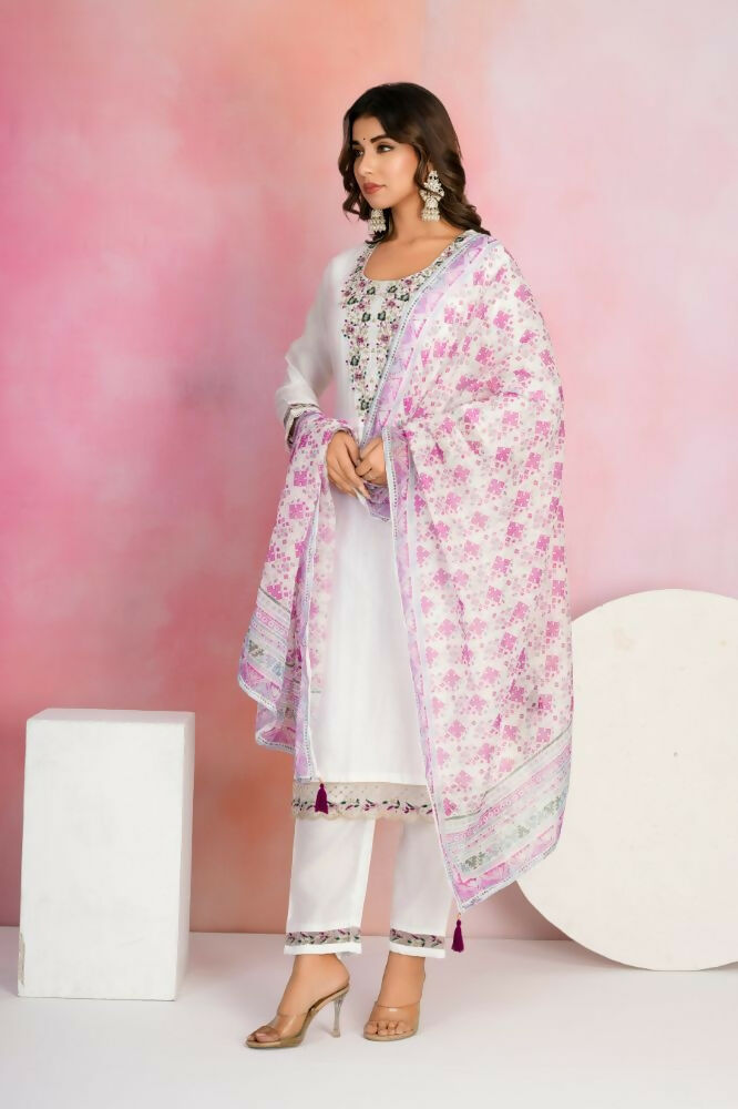 Ethnic Festive Wear Viscose Chanderi White Stitched Suit With Dupatta - Tanisha