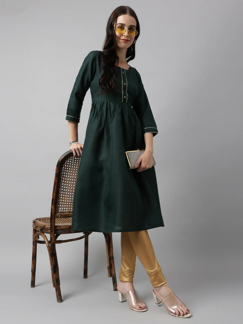 Green Poly Cotton Solid Nayra Cut Kurta - Tirtha