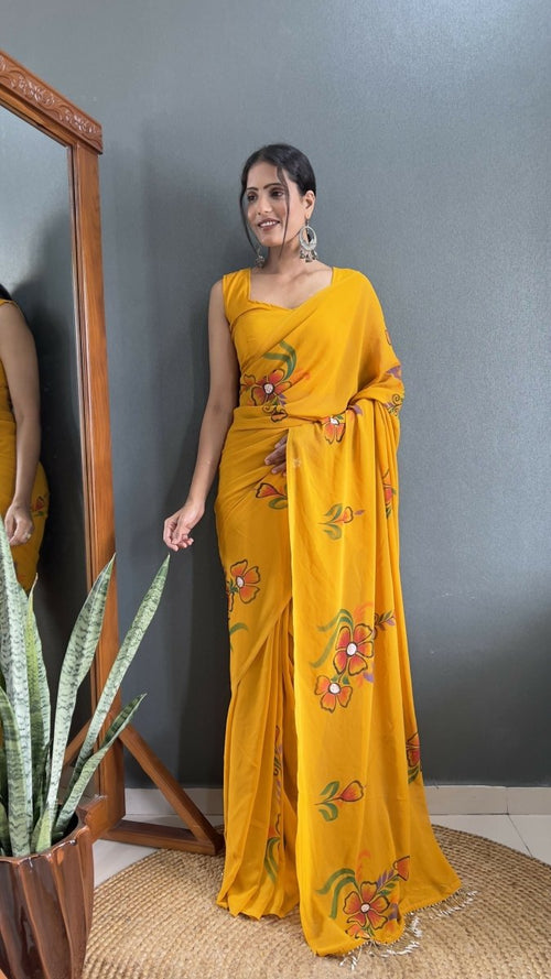 Aayaa Designer 1 min Hand Painted Ready to Wear saree - Mustard Yellow