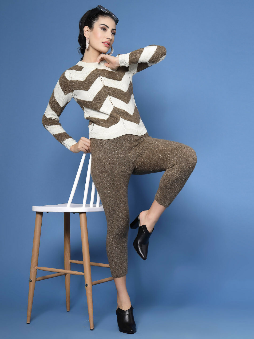 Women Cream Acrylic Stripe & Solid Winter Co-Ord Set - Wool Trees
