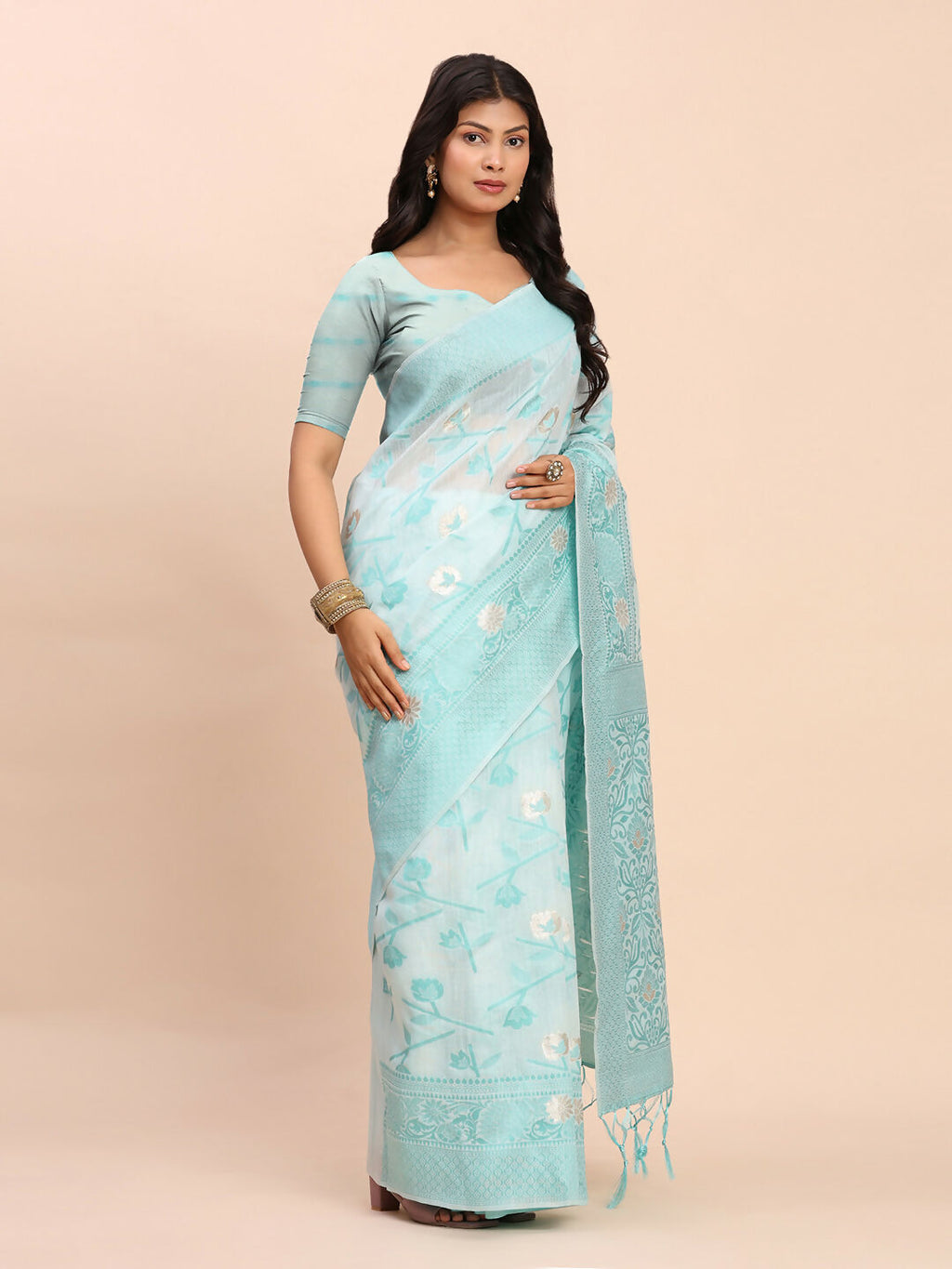 Shree Shyam Fashion Linen Cotton Sky Blue Saree