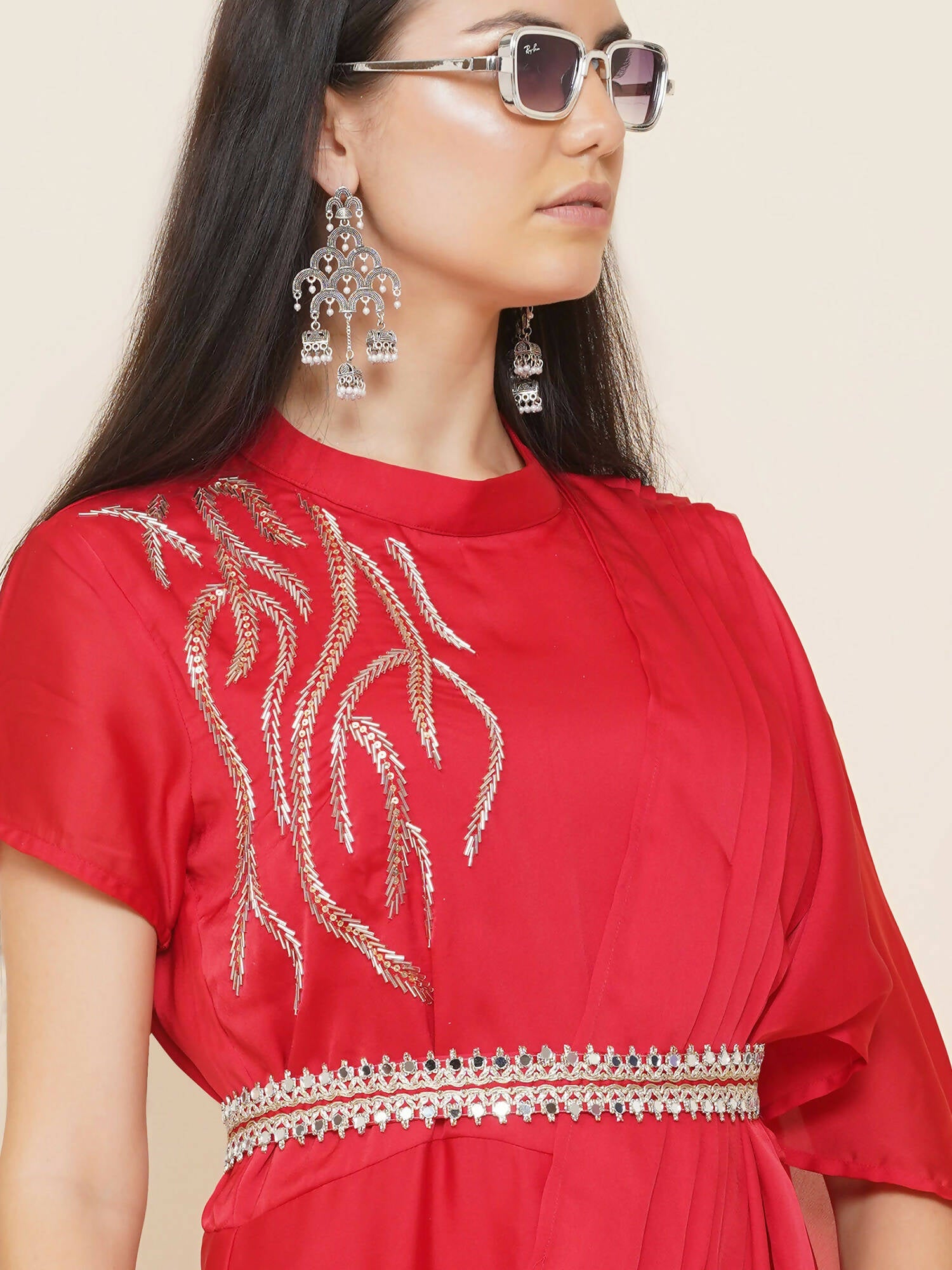 Women Republic Red Hand Embelleshed Gown With Drape