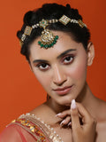 Gold-Polished White Green Kundan-Studded Pearl Beaded Matha Patti - Ruby Raang