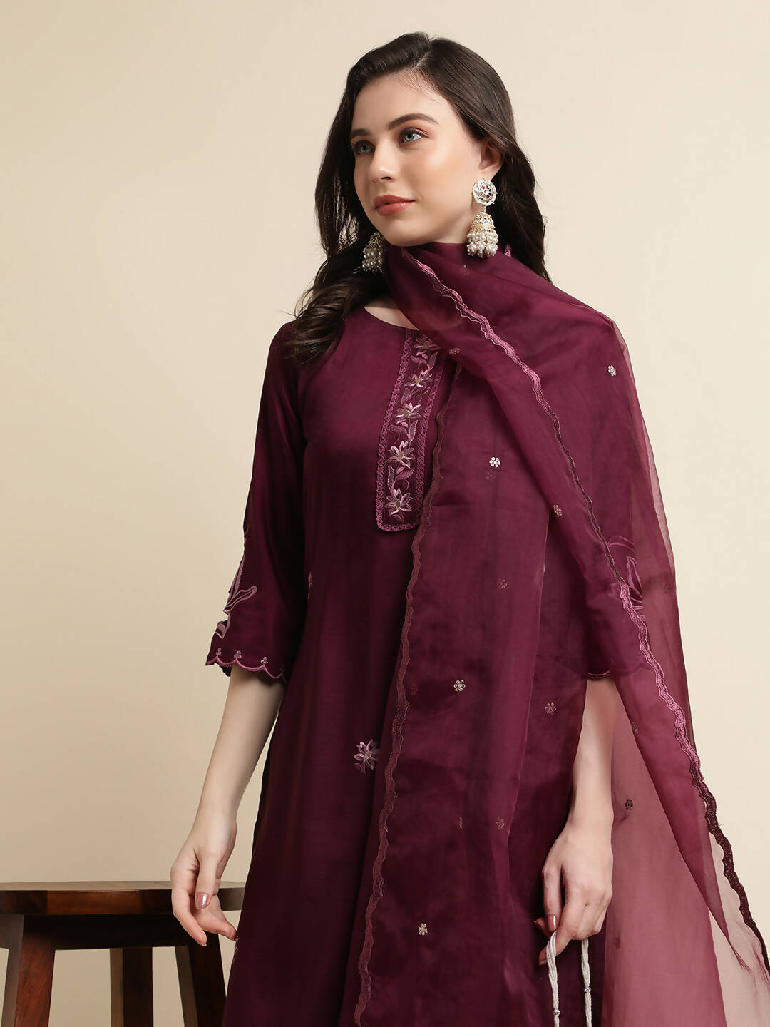 Purple Chinon Silk Embroidered Straight Kurta with Trouser & Dupatta - Salimar