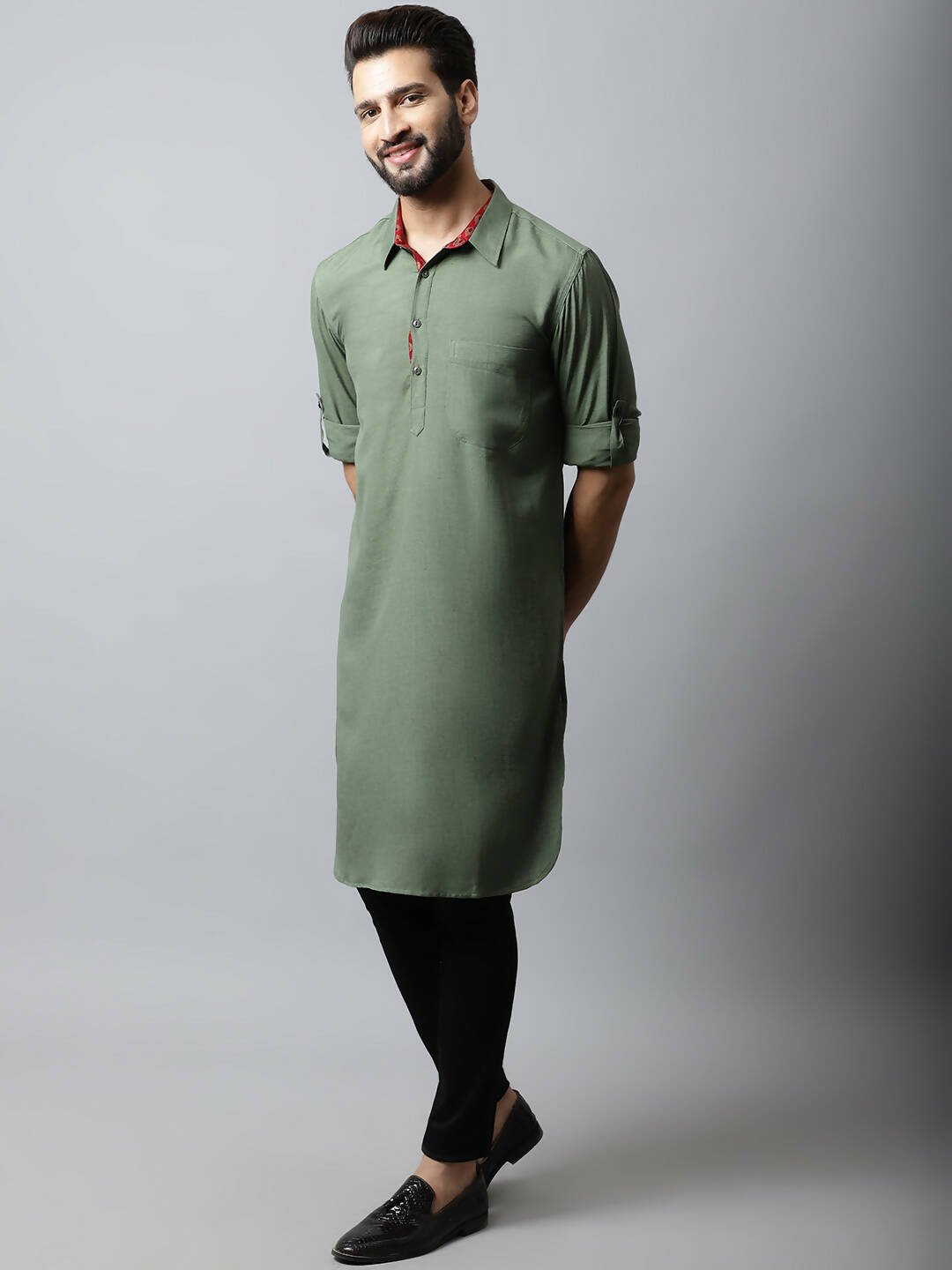 Even Apparels Green Color Linen Solid Men's Kurta With Shirt Collar (LN944)