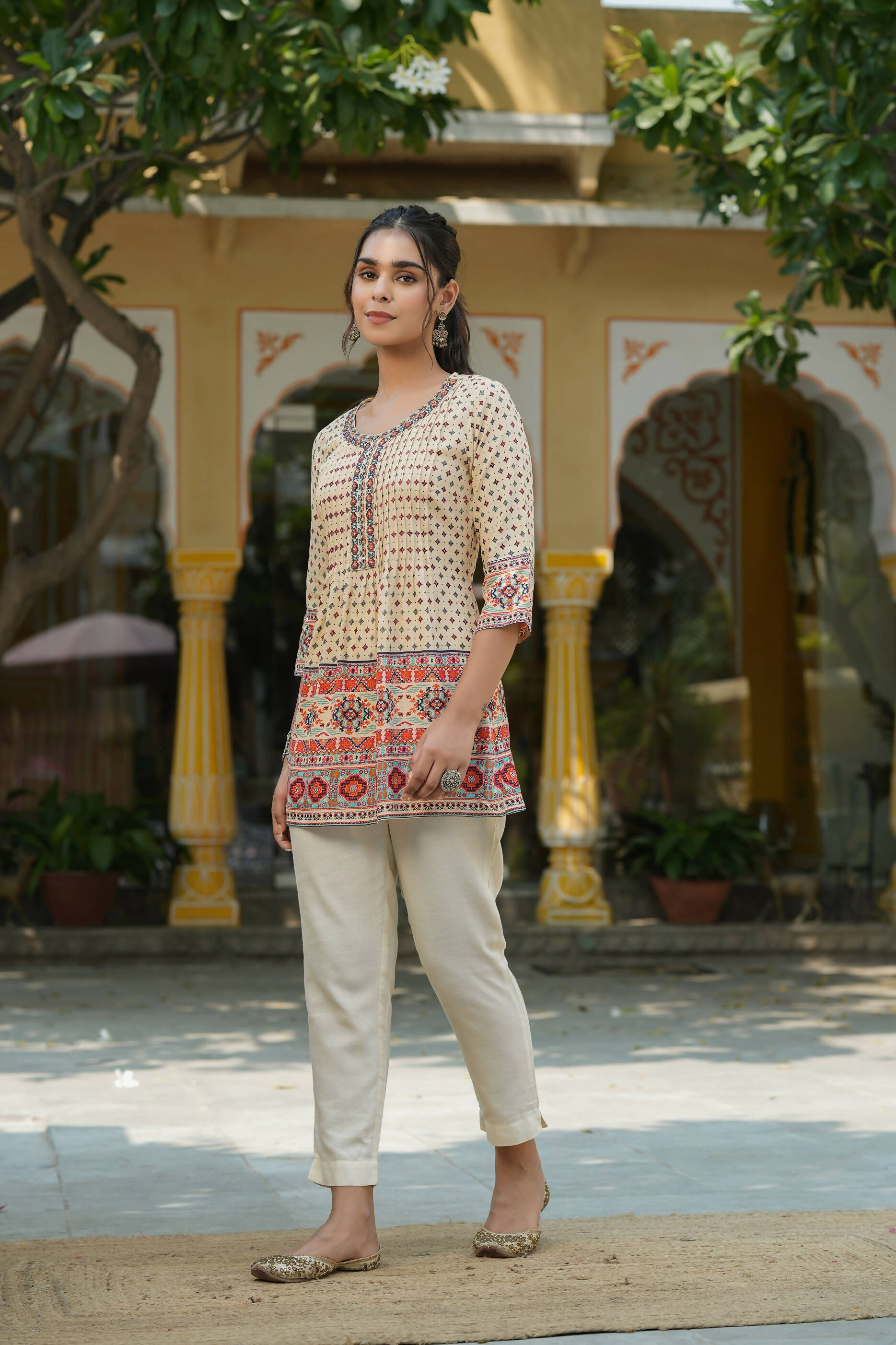 Juniper Women's Beige Rayon Printed Embroidered Tunic
