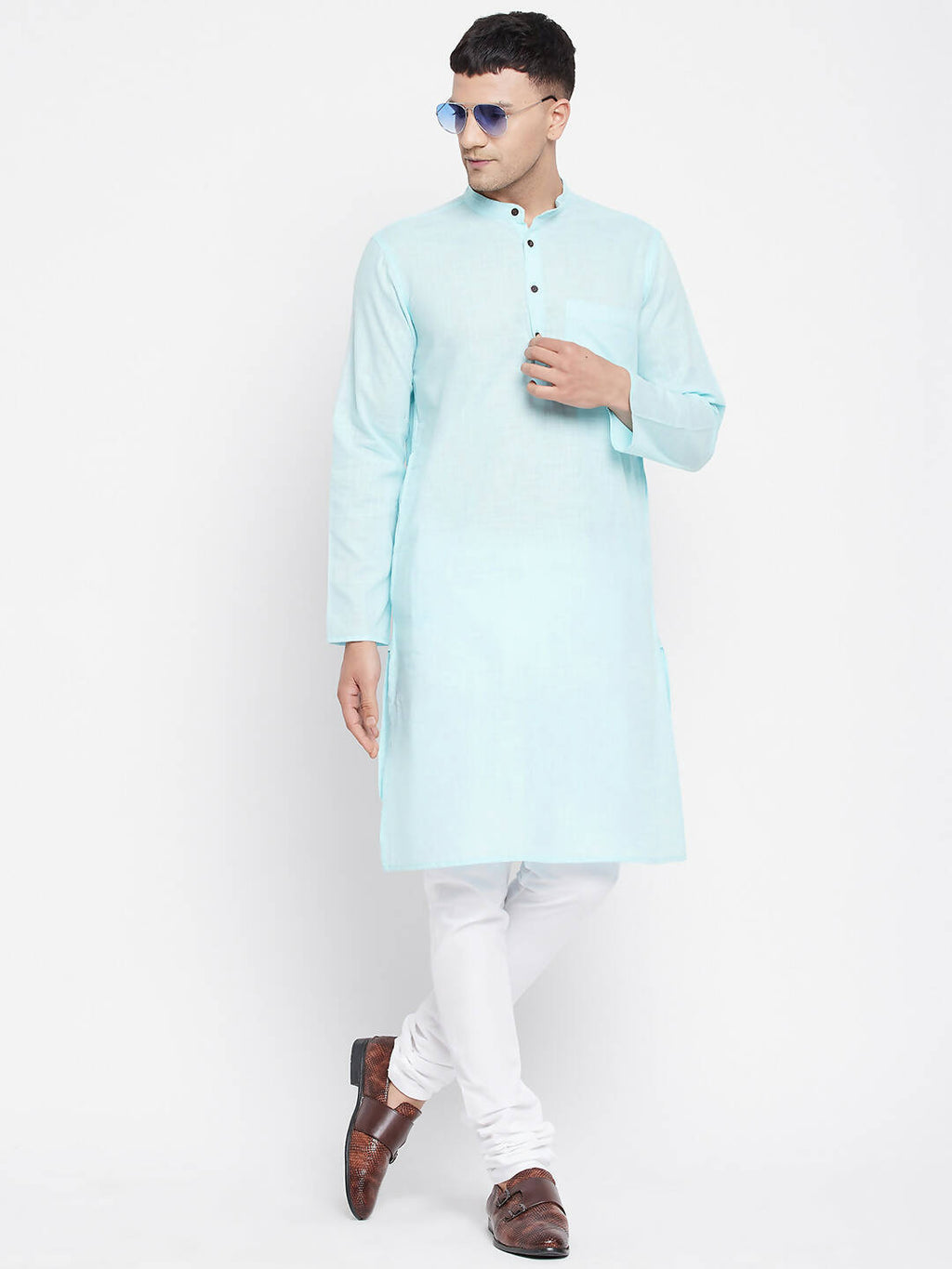 Even Apparels Pure Cotton Blue Color Men's Kurta With Band Collar