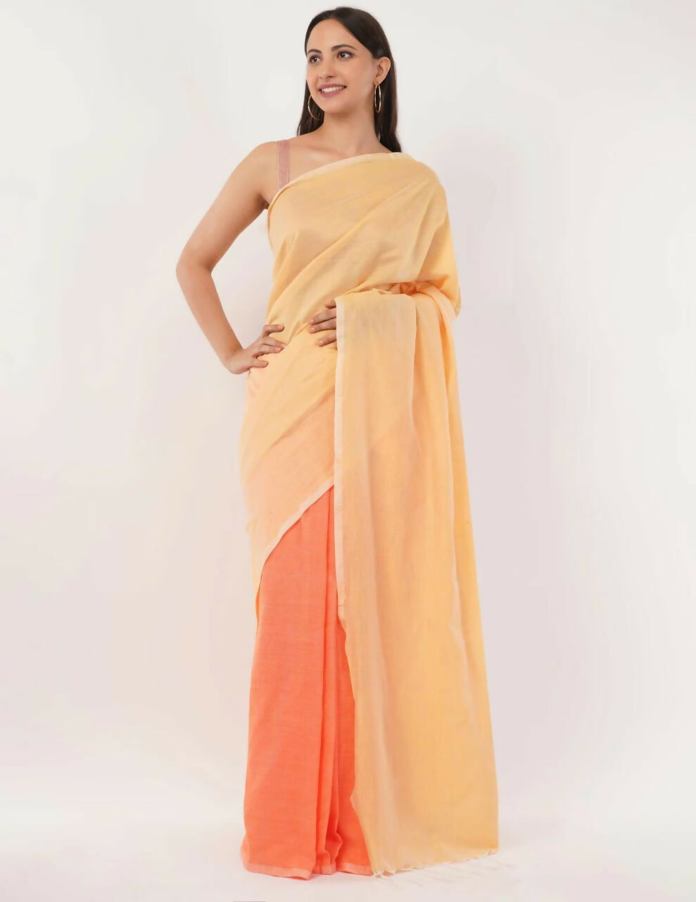 Exclusive Collection Beautiful Khadi Cotton Cream Light Orange Light Yellow Handloom Saree