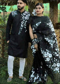 Exclusive Collection Elegant Hand Printing Designe On Pure Cotton Saree And Men's Kurta - Black