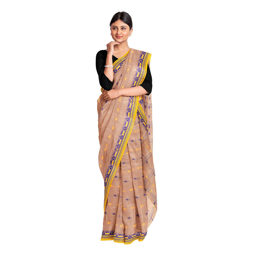 Exclusive Collection 100% Pure Cotton Light Biege Tant Saree With Hand Weaving Work