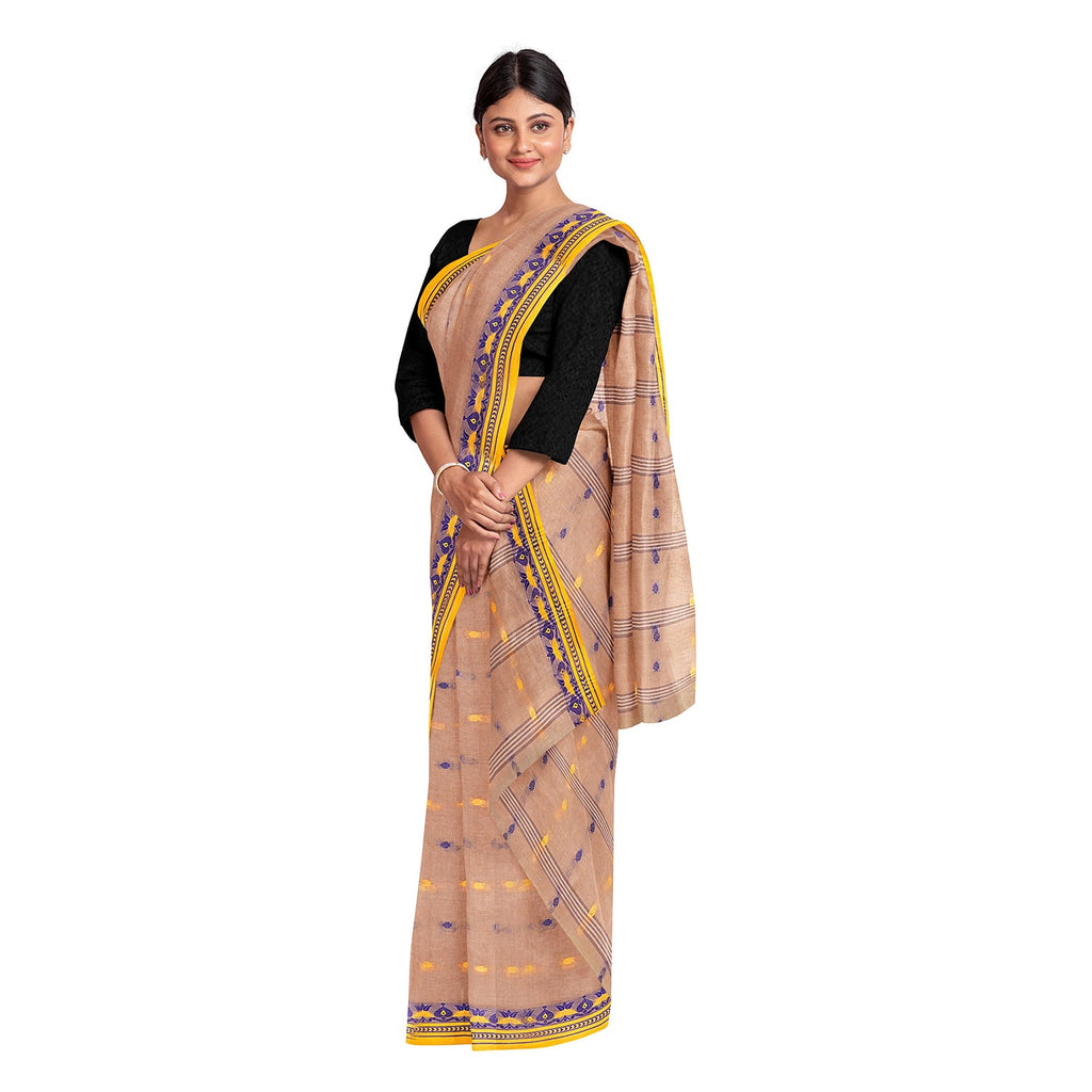 Exclusive Collection 100% Pure Cotton Light Biege Tant Saree With Hand Weaving Work