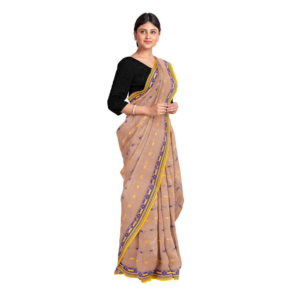 Exclusive Collection 100% Pure Cotton Light Biege Tant Saree With Hand Weaving Work