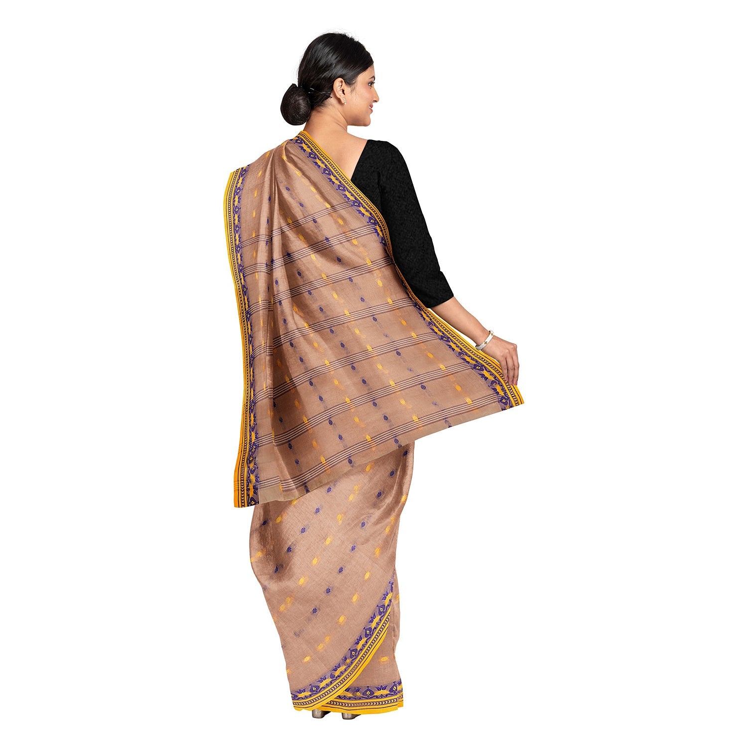 Exclusive Collection 100% Pure Cotton Light Biege Tant Saree With Hand Weaving Work