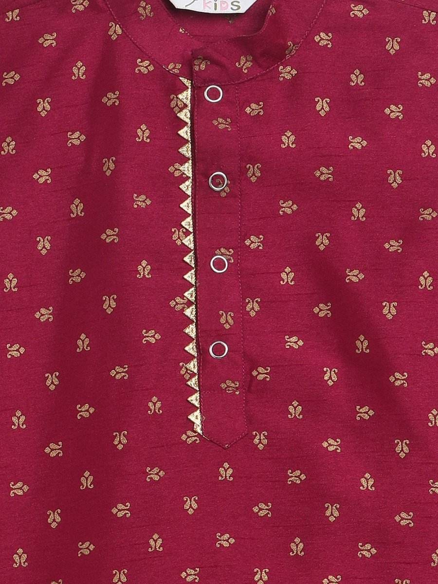 Ahalyaa Boys Wine Poly Silk Gold Printed Kids Kurta Churidar Set