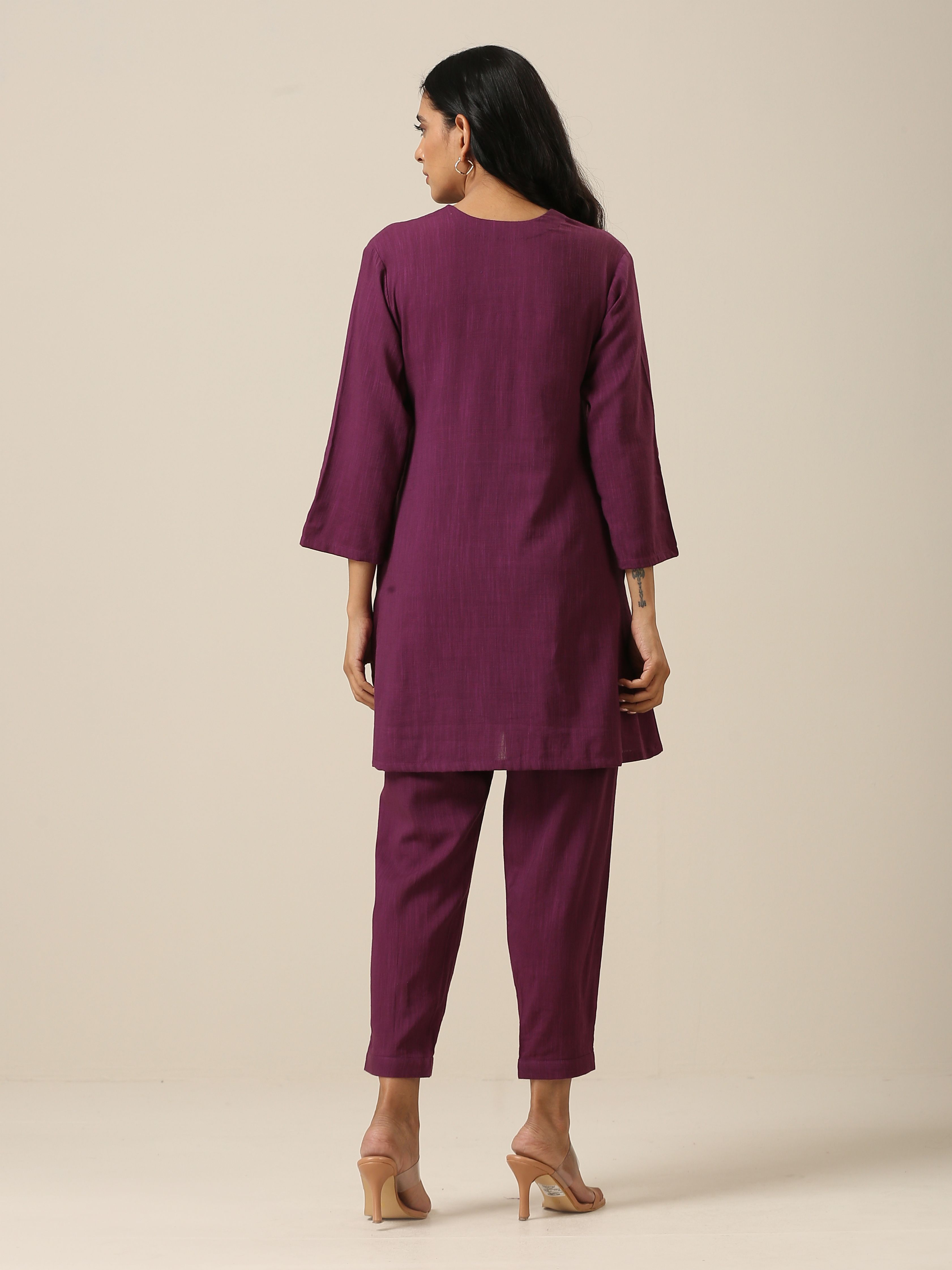 trueBrowns Plum Purple Slub Texture Pleated Co-Ord Set