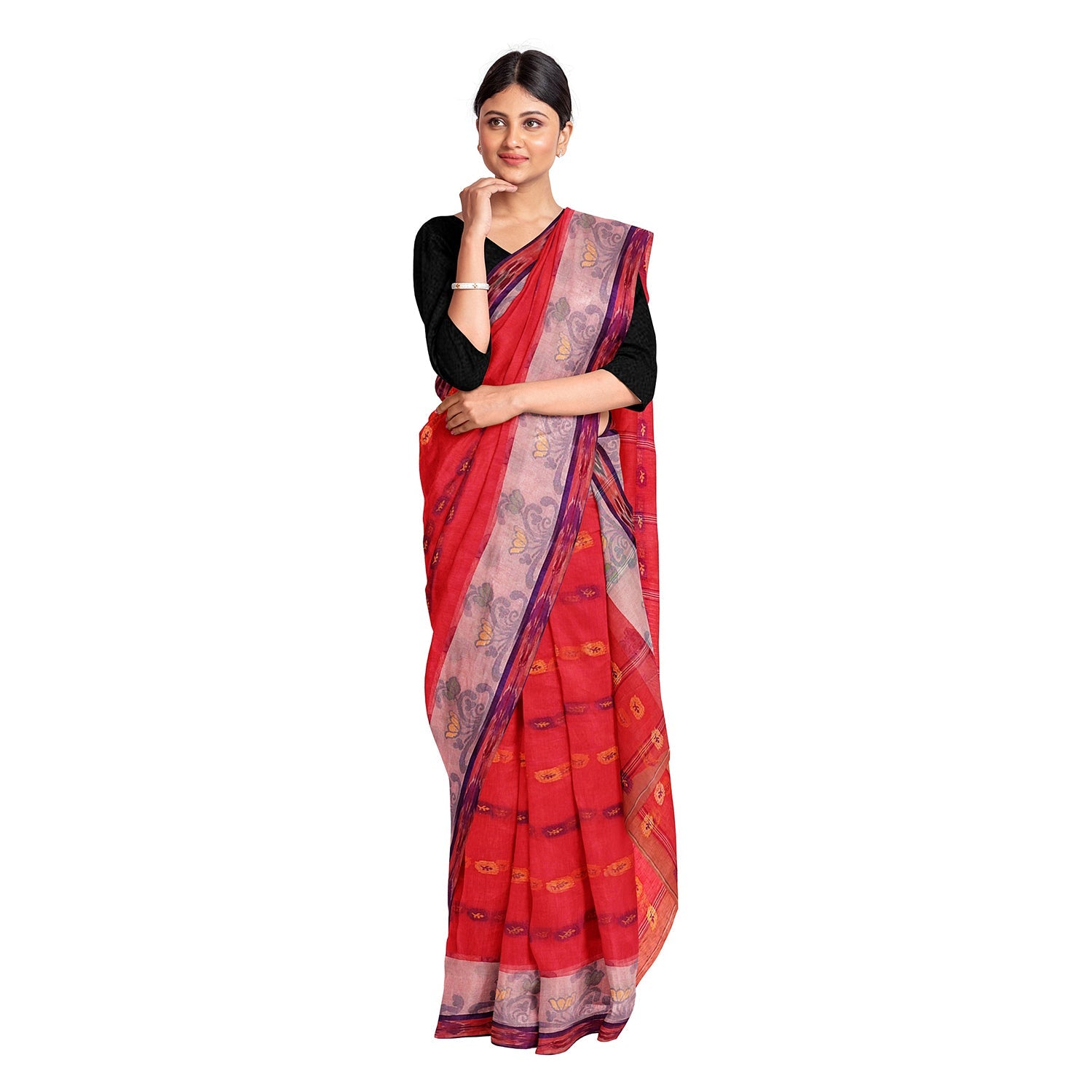 Exclusive Collection 100% Pure Cotton Red Tant Saree With Hand Weaving Work