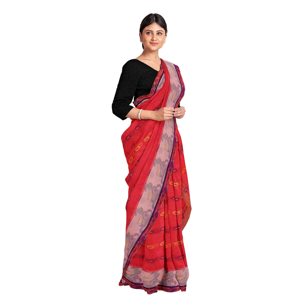 Exclusive Collection 100% Pure Cotton Red Tant Saree With Hand Weaving Work