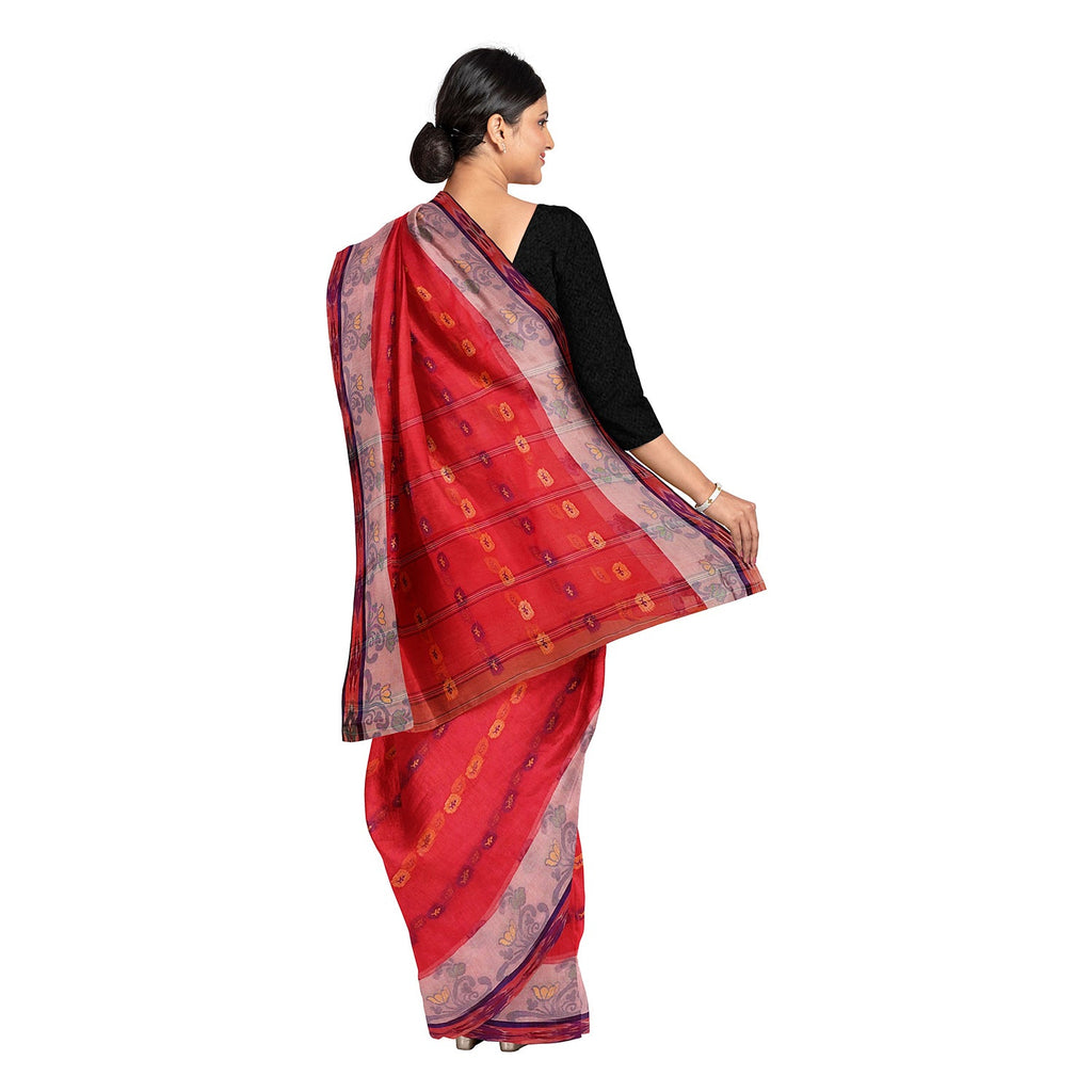 Exclusive Collection 100% Pure Cotton Red Tant Saree With Hand Weaving Work