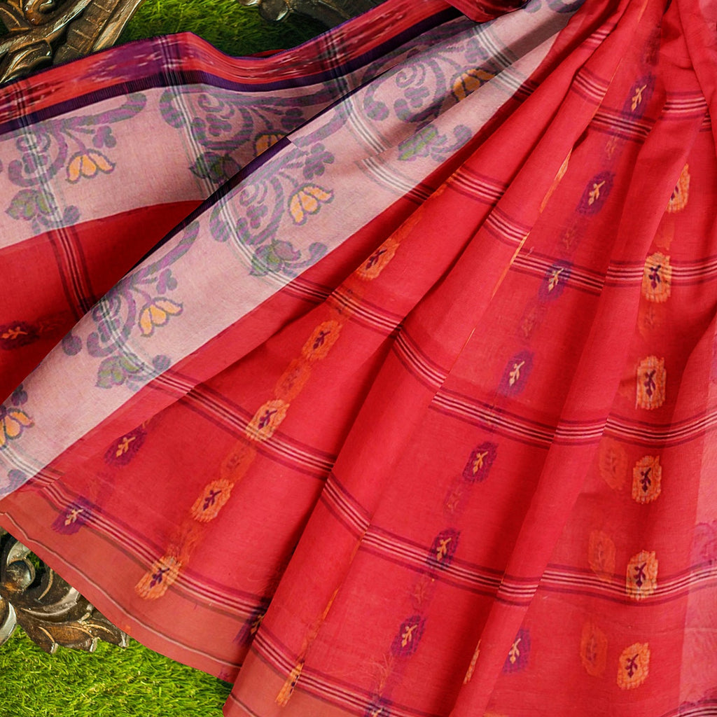 Exclusive Collection 100% Pure Cotton Red Tant Saree With Hand Weaving Work