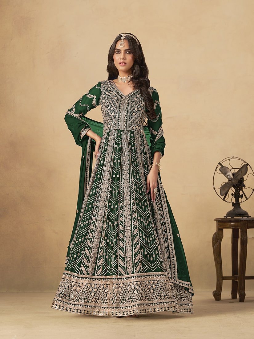 Monjolika Fashion Faux Georgette Embroidered Dark Green Engagement Wear Anarkali Suit