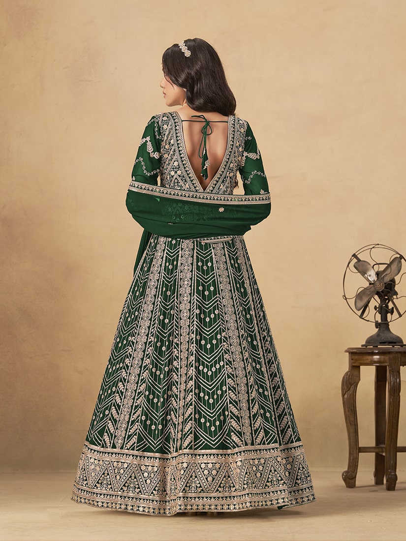 Monjolika Fashion Faux Georgette Embroidered Dark Green Engagement Wear Anarkali Suit