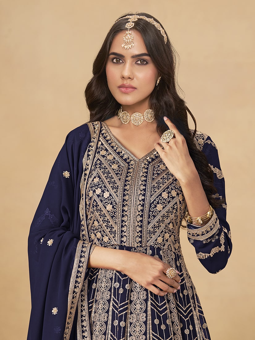 Monjolika Fashion Faux Georgette Embroidered Navy Blue Engagement Wear Anarkali Suit