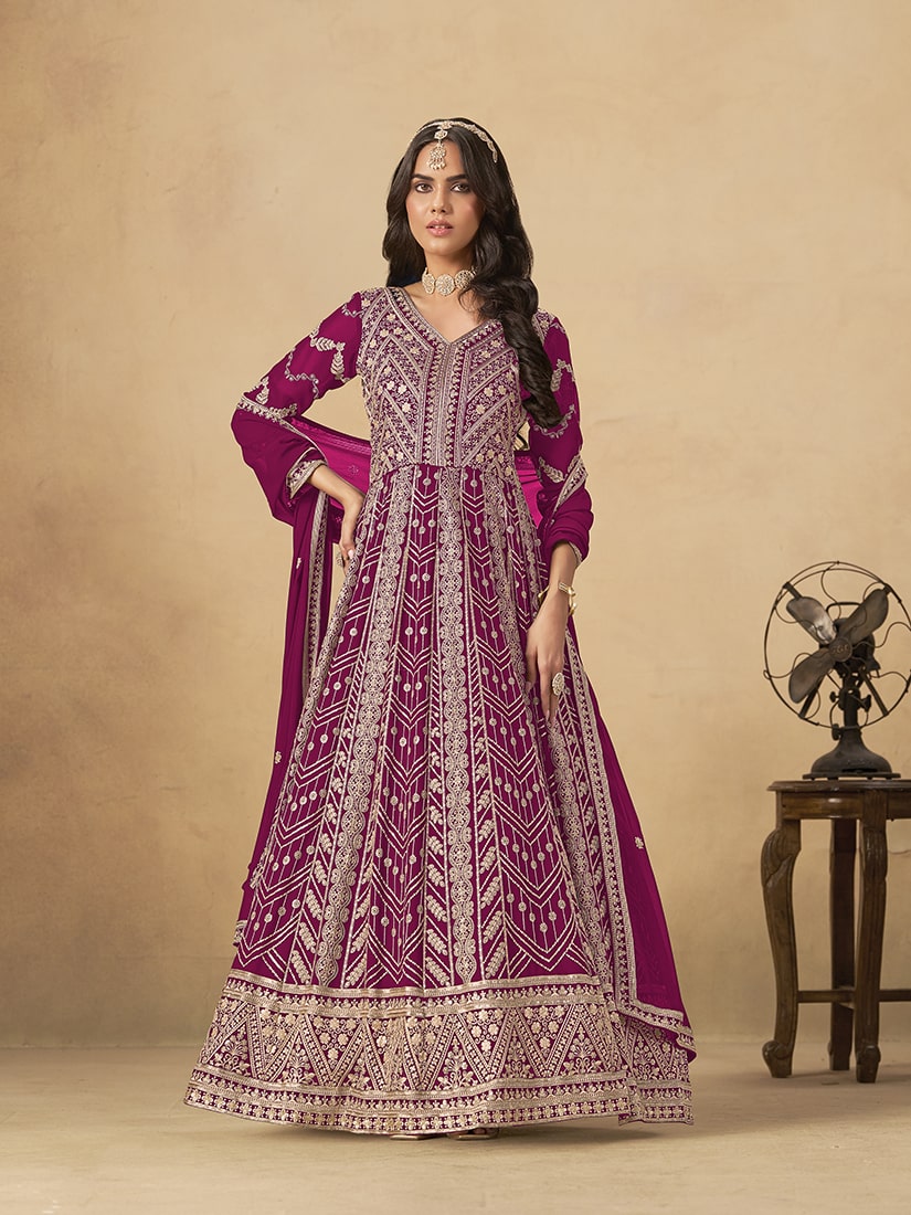 Monjolika Fashion Faux Georgette Embroidered Rani Pink Engagement Wear Anarkali Suit