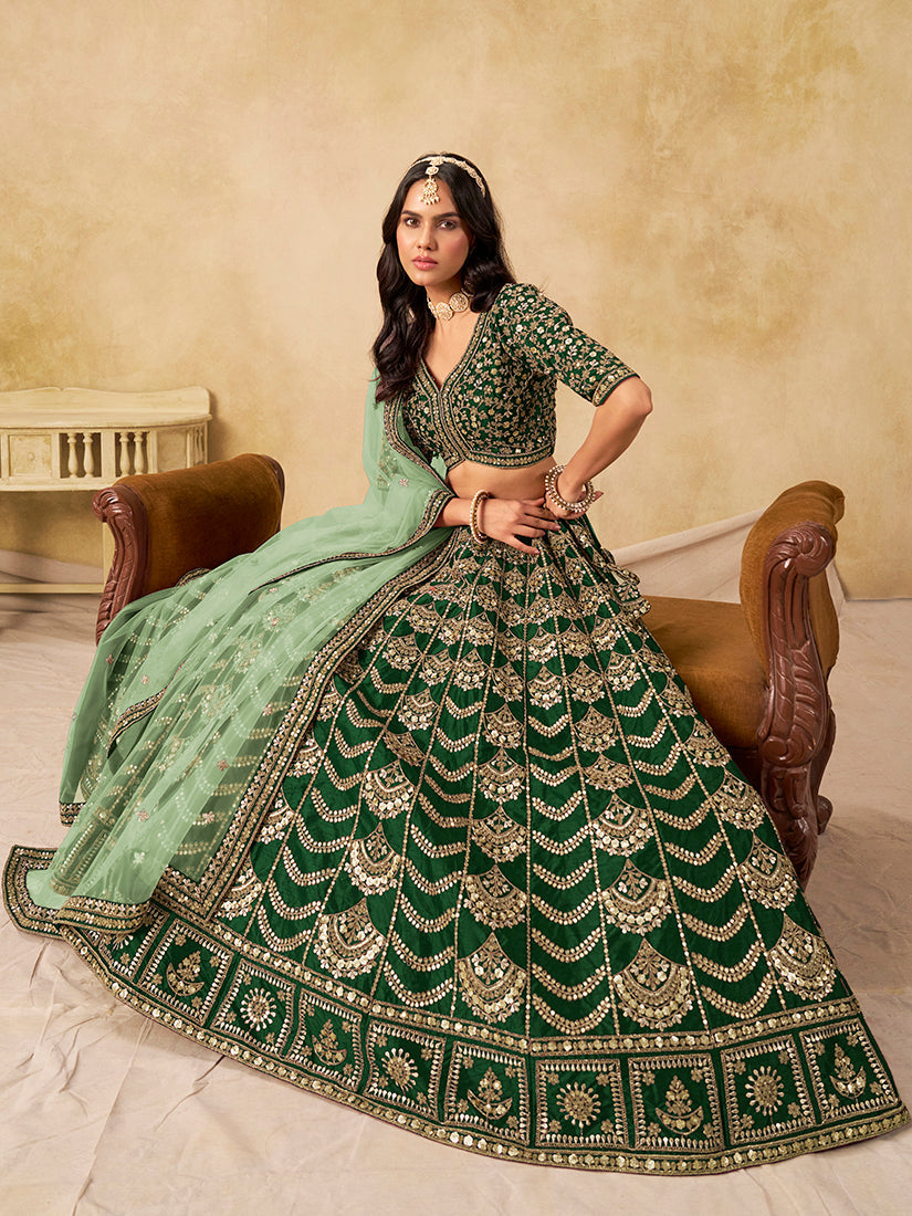 Monjolika Fashion Green Color Zari Embroidered Work Art Silk A Line Lehenga Choli